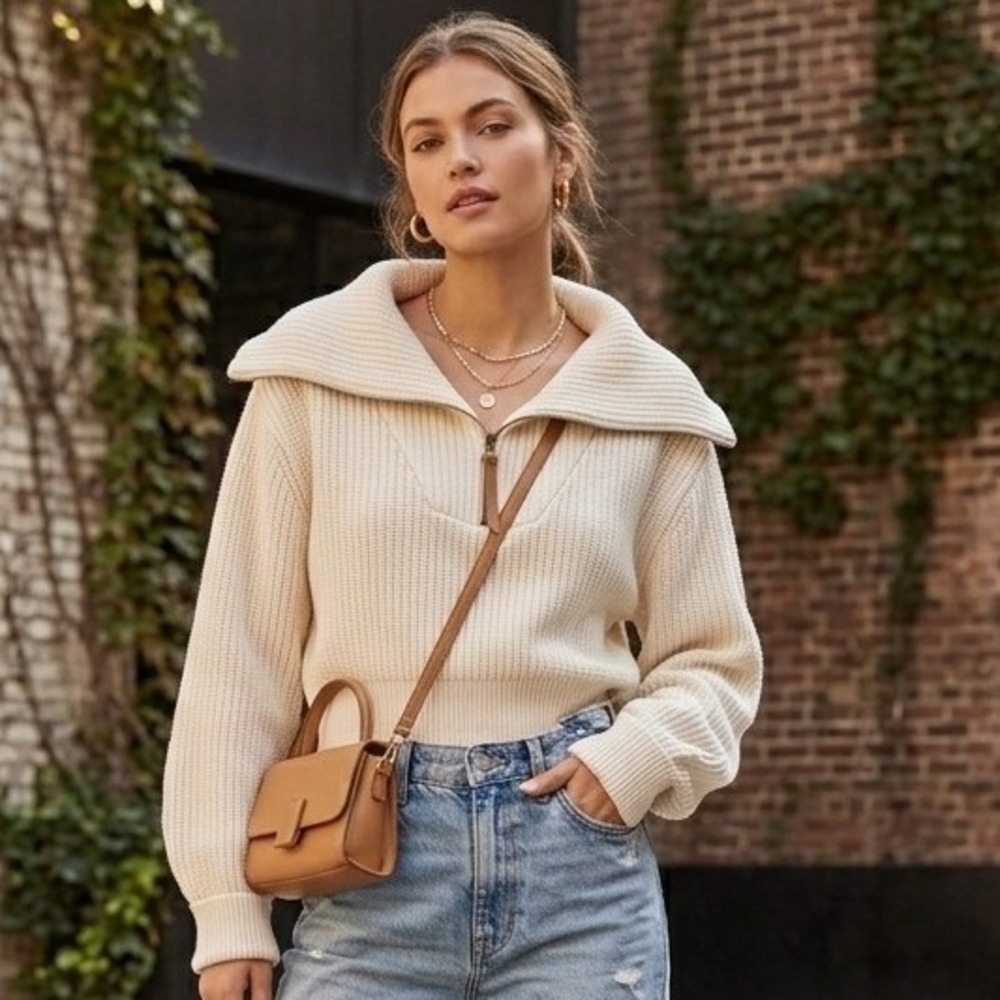 Varley Mentone Sweater Women Large Ivory Ribbed Cotton Zip Pullover Quiet Luxury